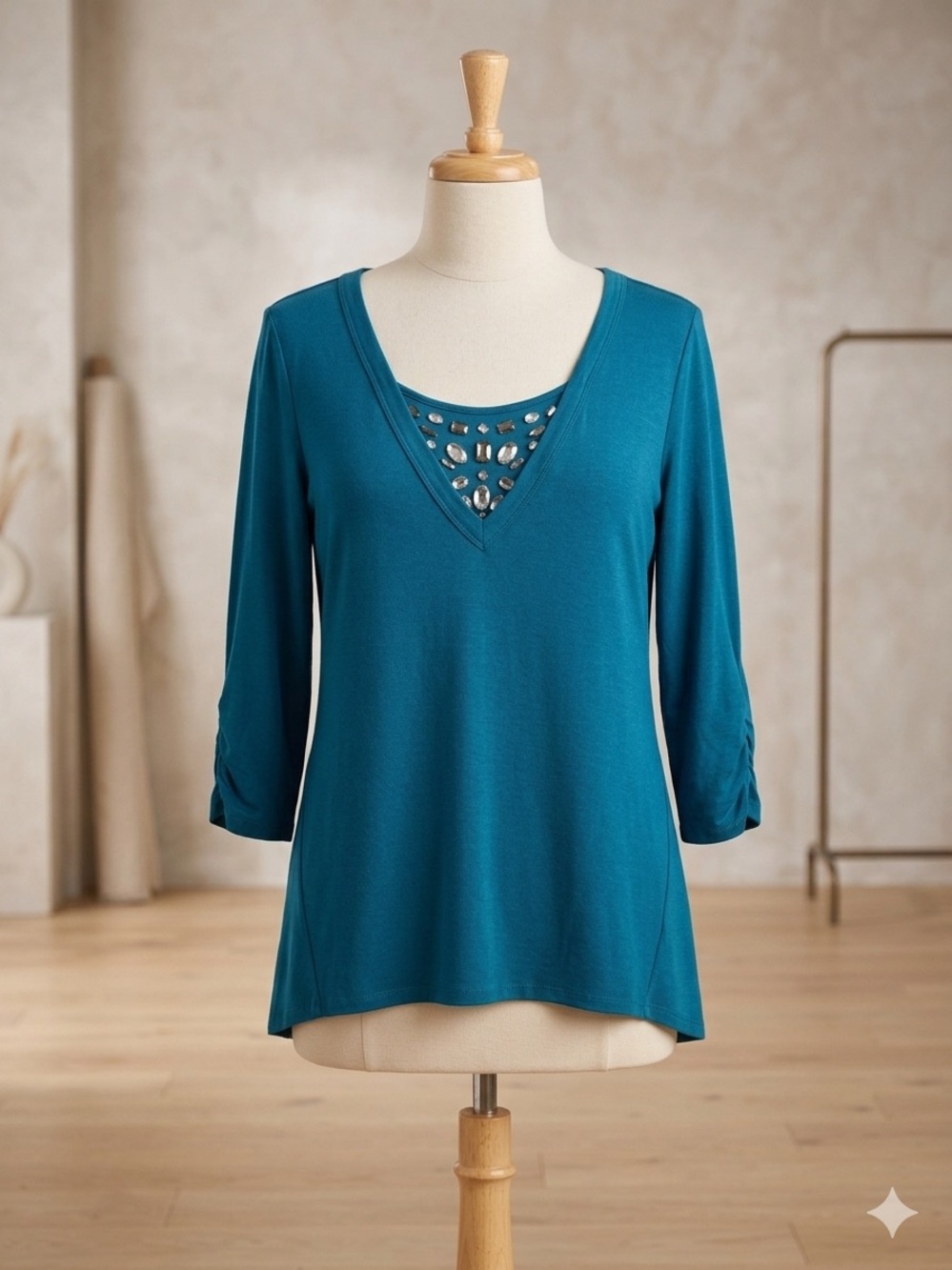 Women’s Teal‎ V-Neck Embellished 3/4 Sleeve Top, Size 2X